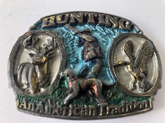 Vintage TEXAS 1986 Great American Buckle Co Brass #1817 Hunting Deer Duck Dog
