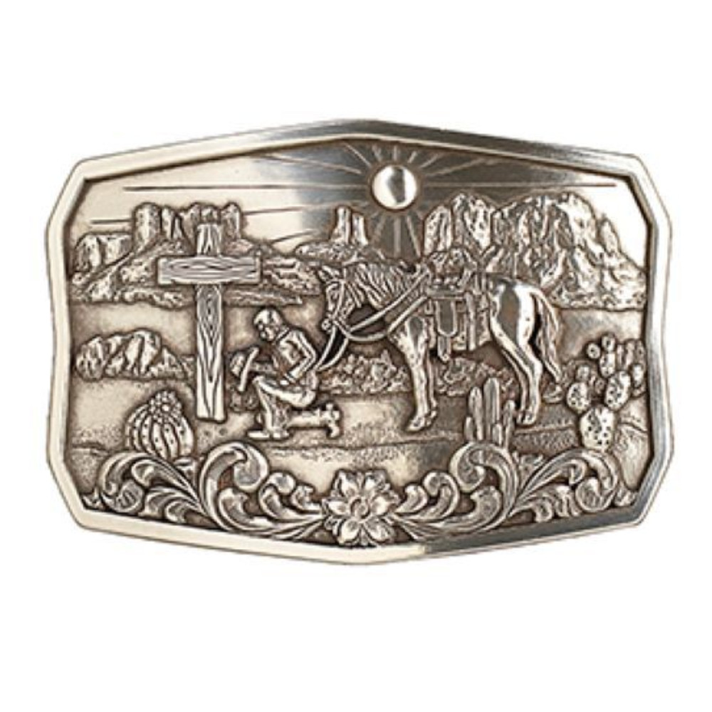 Nocona Men&rsquo;s Cactus & Praying Cowboy Silver Rectangle Buckle 37909