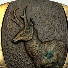 SLKnight Sculpture Belt Buckle Bronze Gold Tone 3&Prime;x2&Prime; Pronghorn Deer 1978 Vtg