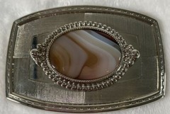 Western Belt Buckle Ombre Brown White Oval Men 3.5 x 2&Prime; Silver Plate