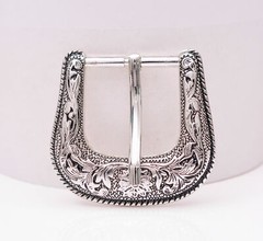Western Rodeo Floral Engraved Silver 2-Tone Belt Buckle Set Fit 30mm Wide Straps