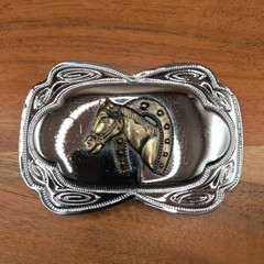 Vtg Western Engraved Style Horse Head Floral Scroll Cowboy Belt Buckle
