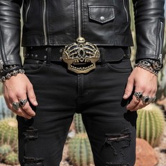 Men Women Dark Gold Belt Buckle Skull Skeleton Bones Pirate King Crown Statement