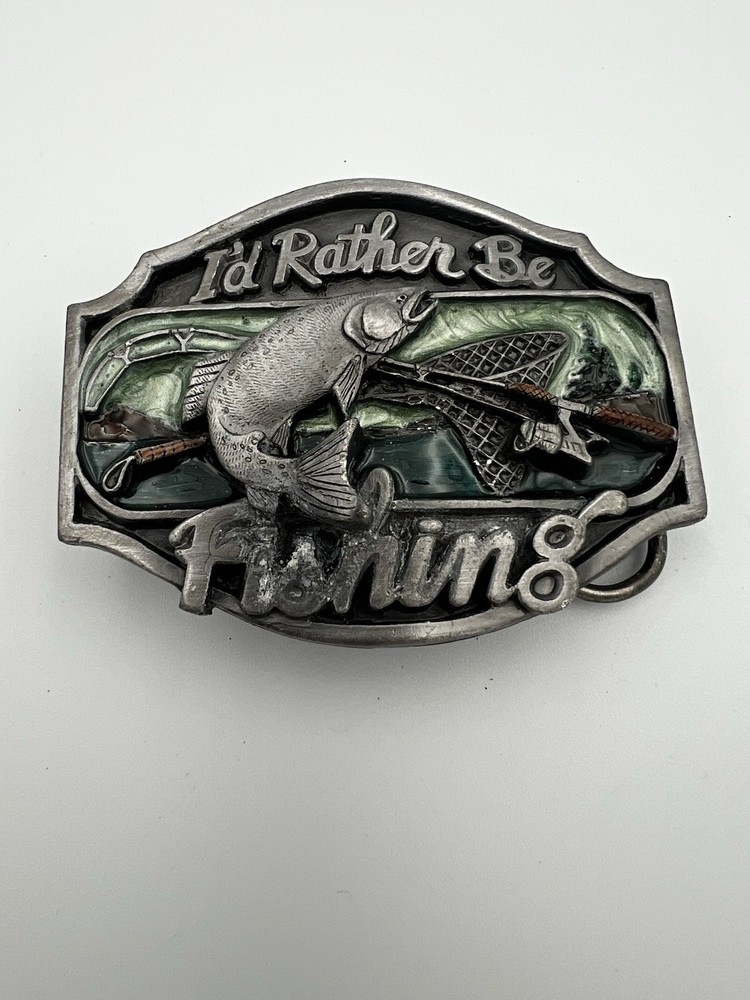I&rsquo;d Rather Be Fishing Belt Buckle Antique Silver Enamel Inlay Fits 1.5&Prime; Belts