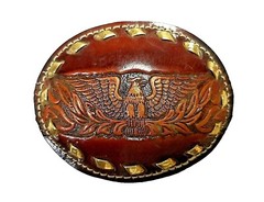EAGLE Belt BUCKLE w/ GOLD BUCKSTITCHING Lg HANDMADE Brown LEATHER Western/Biker