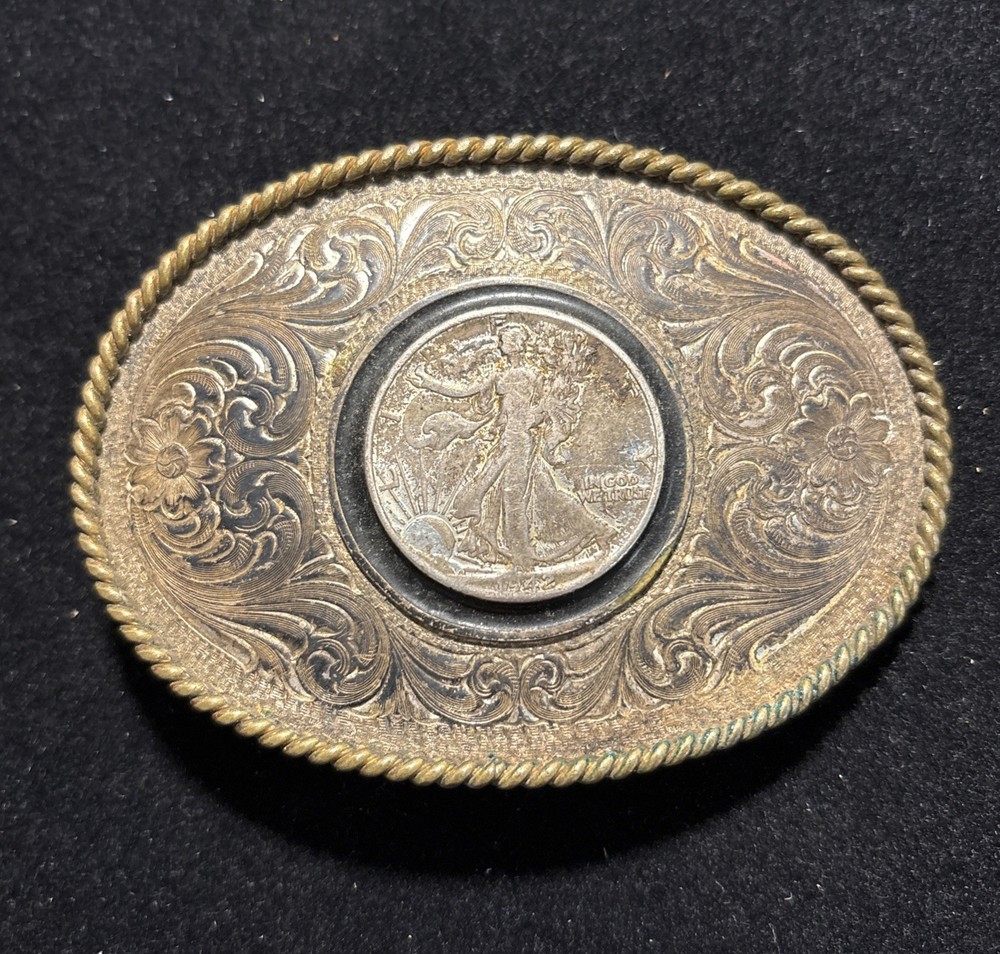 Montana Silversmiths Coin Belt Buckle 1942 Walking Liberty Half Dollar -Item#283