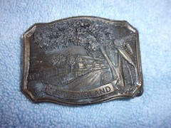 Vintage NEW ENGLAND Country Road Scene trees Brass / bronze Belt Buckle Souvenir