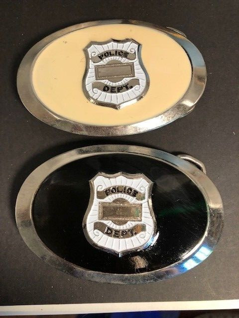 2 Police Badge Belt Buckles Black and Cream W/ Chrome