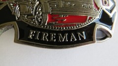 VOLUNTEER FIREMAN Belt Buckle Fire Truck Black Red Enamel F.D.