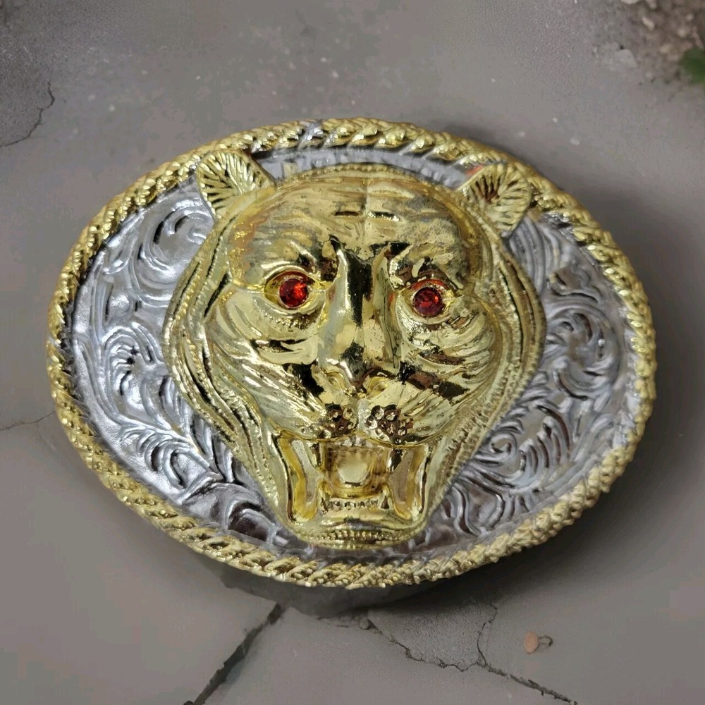 BOHO Lion Head Belt Buckle Bold Silver Gold Tone Red Jeweled Eyes Leo Zodiac