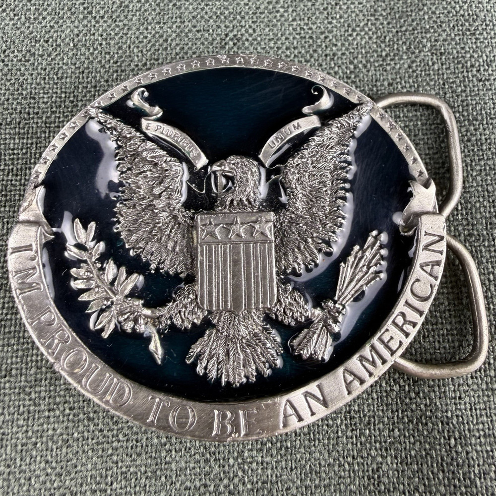 Vtg 1981 Bergamot Brass Works Belt Buckle Proud To Be An American Eagle H-132
