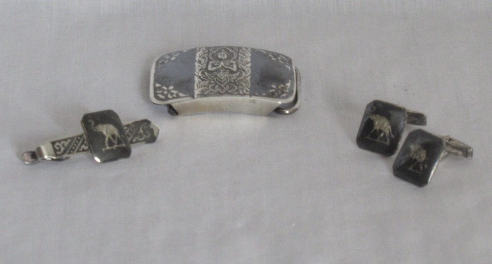 Belt, Tie Tack & Cuff Links Set Elephant Siam Sterling
