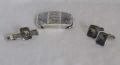 Belt, Tie Tack & Cuff Links Set Elephant Siam Sterling