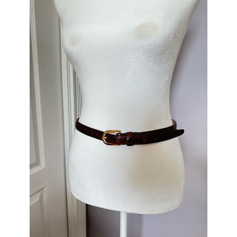HALSTON brown leather belt with solid brass gold tone buckle