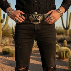 Men Women Dark Gold Belt Buckle Skull Skeleton Bones Pirate King Crown Halloween