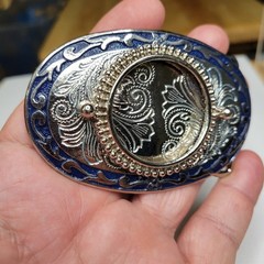 Vtg NOS Silver Dollar Coin / Gem Stone Holder Bezel Belt Buckle Blue Inlay Empty