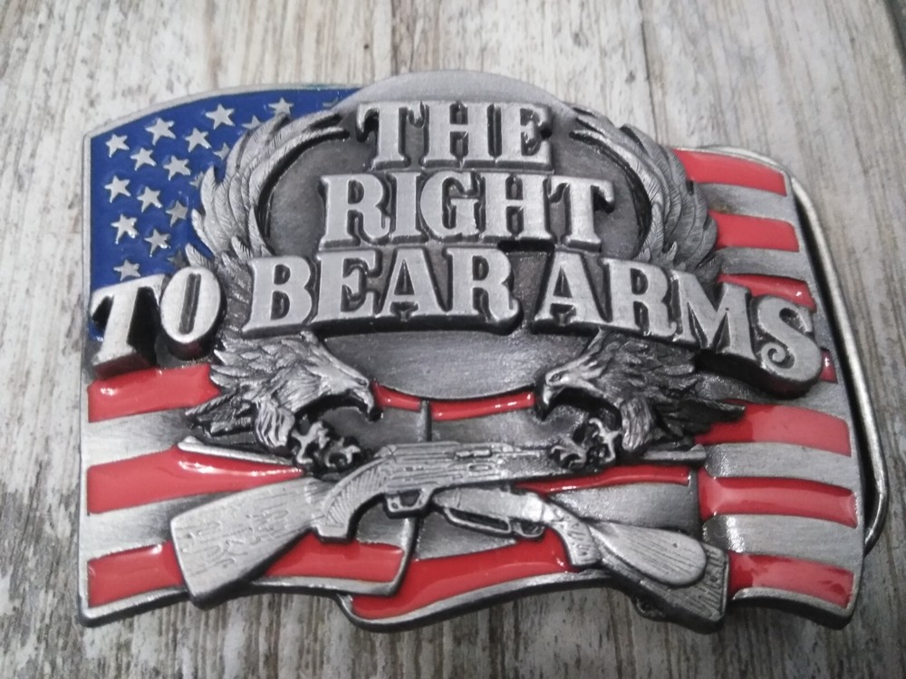 1990 USA FLAG THE RIGHT TO BEAR ARMS BELT BUCKLE GW-13, BY SISKIYOU CO. (U.S.A)
