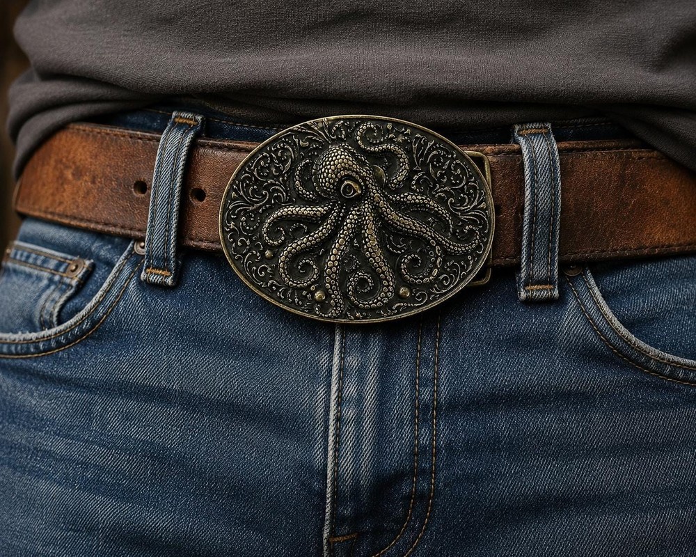 Bronze Octopus Belt Buckle Intricate Nautical Tentacle Western Design Silver
