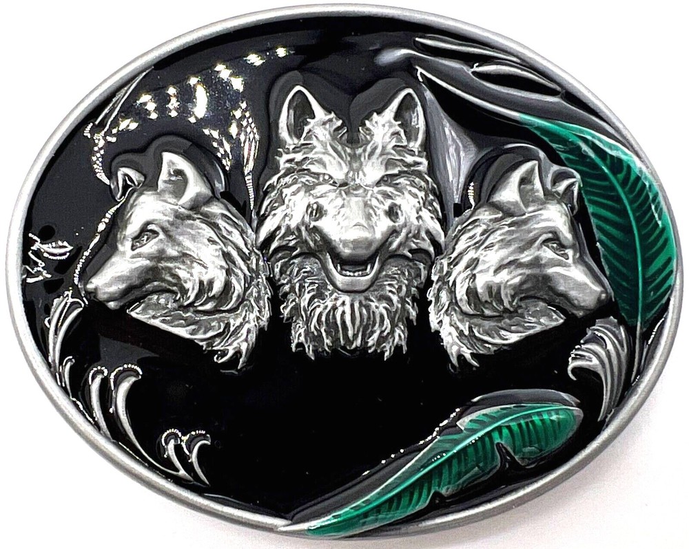 Three Wolves with Feathers Black Enameled Wolf Belt Buckle New