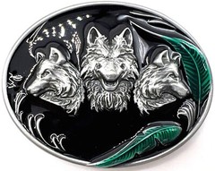 Three Wolves with Feathers Black Enameled Wolf Belt Buckle New