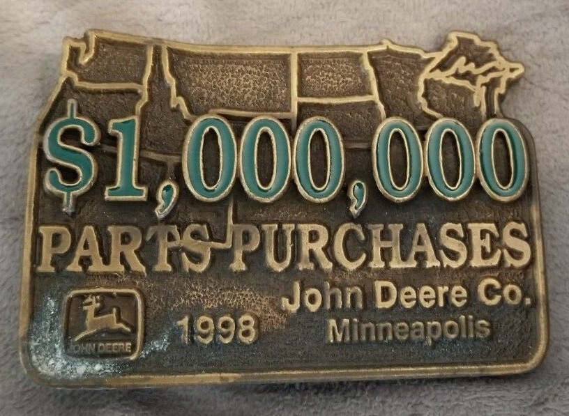 John Deere MINNEAPOLIS $1,000,000 DOLLARS PART PURCHASES 1998 Brass BELT BUCKLE