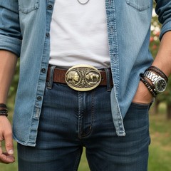 NEW Men Antique Gold Metal Fashion Belt Buckle Native Buffalo Bull 5 Cents Coin