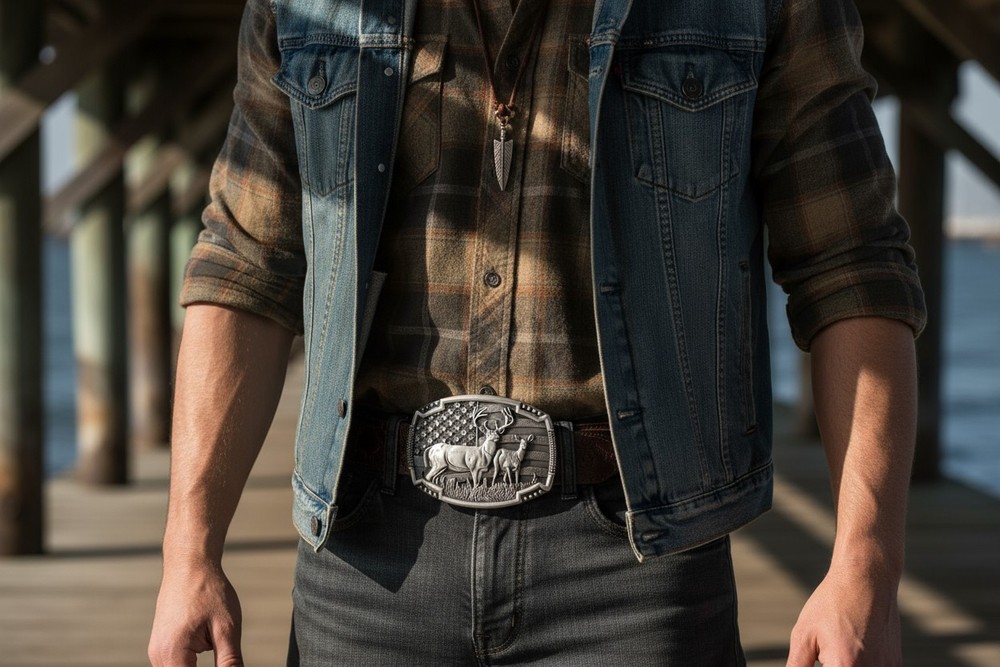 Men Women Dark Silver Metal Belt Buckle Deer Nature Western Biker Bold Fashion