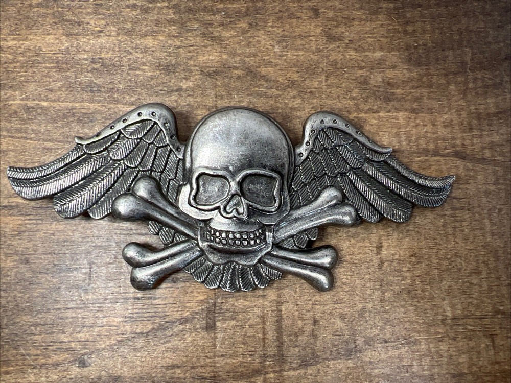 Vintage Winged Skull and Crossbones Belt Buckle Estate Sale Flying Skull Biker