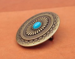 Vintage Brass Southeast Indian Tribal Flower Turquoise Leather Belt Buckle Huge