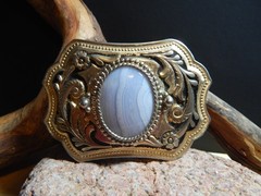 Man&rsquo;s Belt Buckle Gold Tone Blue Lace Agate Stone, fits a 1 1/2 Belt