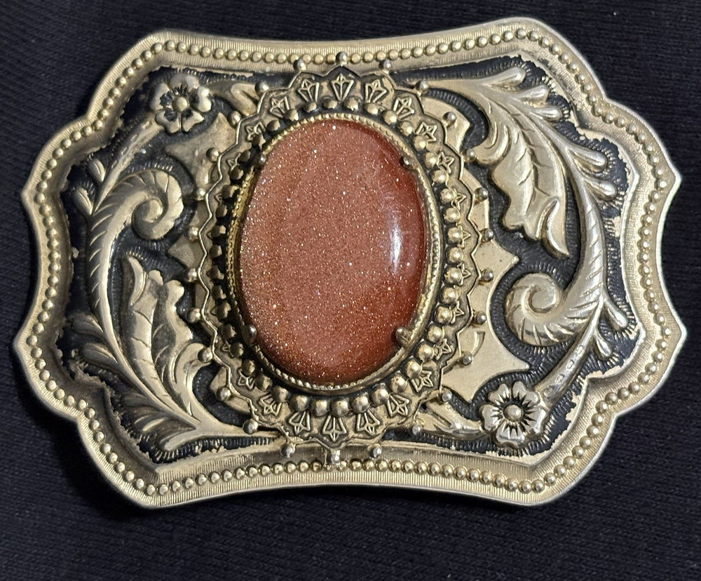 Vintage Western Goldstone Belt Buckle Ornate Floral Engraved Cowboy Rodeo Wear