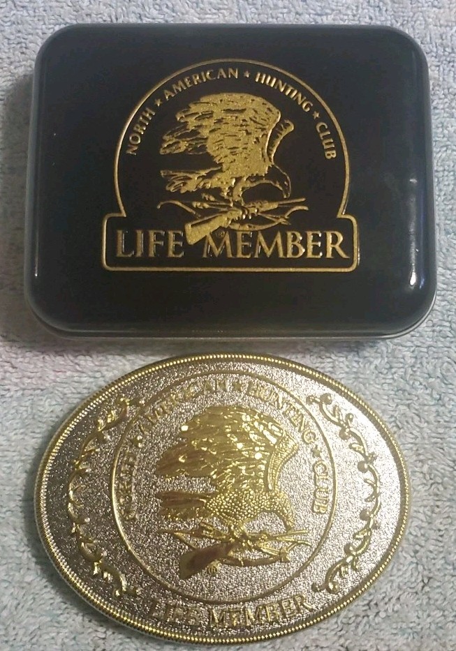 North American Hunting Club Life Member two tone belt buckle With Tin
