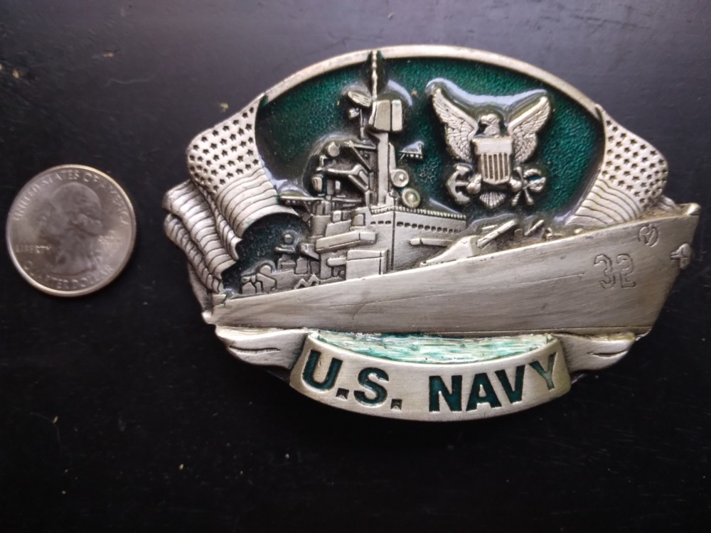 US Navy Vintage Bergamot Brass Works Heavy Belt Buckle 1981 Ship Flag Free S&H