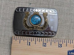 vintage HORSESHOES belt buckle CHROME turquoise stone WESTERN cowboy