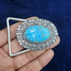 Natural Turquoise Silver Plated Belt Buckle Handmade Blue Gemstone Western Boho