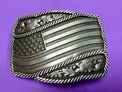 Waving American Flag Patriotic Silver Color Rope Border Western NOS Belt Buckle