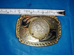 Vintage 1968 Mexico 25 Pesos Coin in Silver Tone Belt Buckle Western Mens Cowboy