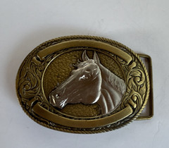 Men&rsquo;s Western Oval Engraved Horse Head Gold & Silver Tone Belt Buckle 1.75 in