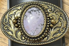 Vtg Cowgirl Belt Buckle Pink Gemstone Brass Floral WESTERN-core Made In USA/READ