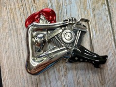 Woman Hugging V-Twin Engine with Red Enamel Hair Novelty Figural Belt Buckle