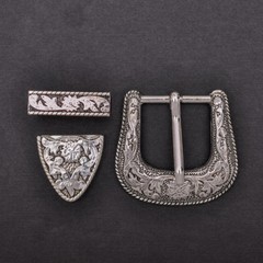 Western Cowboy Silver Flower Engraved Belt Pin Buckle 3pc/Set Fits 1-1/8&Prime; Strap