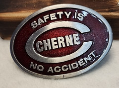 Vintage Cherne Safety Is No Accident Belt Buckle R&M USA Red Enamel