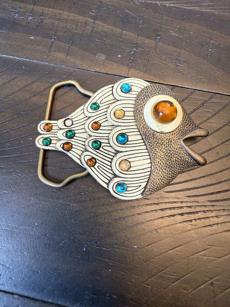 vintage FISH belt buckle WESTERN cowboy GLASS EYE golden 1960s