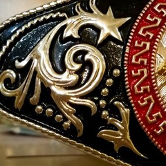 Running horses Western Men Long belt Buckle 7×3.5 silver, red and black oblong