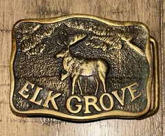 “Elk Grove” Collectors Vintage Brass Belt Buckle by D. Stewart & Co, Ione Ca