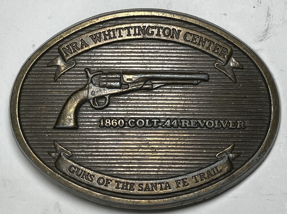 NRA Whittington Center Brass Belt Buckle Santa Fe Trail 1860 Colt 44 Revolver 3”