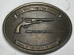 NRA Whittington Center Brass Belt Buckle Santa Fe Trail 1860 Colt 44 Revolver 3”