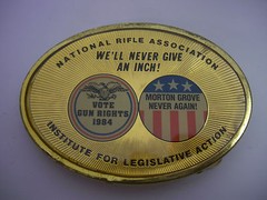 1984 NATIONAL RIFLE ASSOCIATION STARS & STRIPES NRA RED WHITE & BLUE BELT BUCKLE