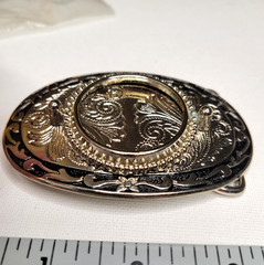 Vtg NOS Silver Dollar Coin Gem Stone Holder Bezel Belt Buckle Black Inlay Empty