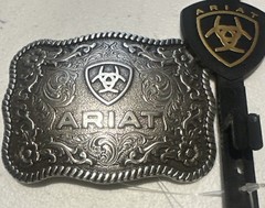 Ariat Scalloped Logo Belt Buckle Floral Scroll Twisted Rope Edge NEW
